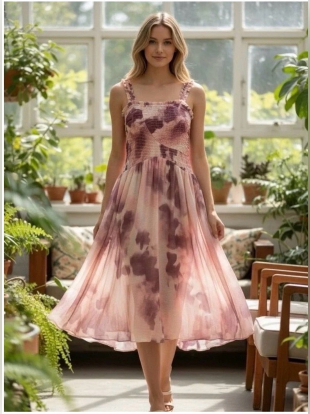 Free People x REVOLVE Tessa Smocked
Midi Dress in colorway Soft
Combo Size: S